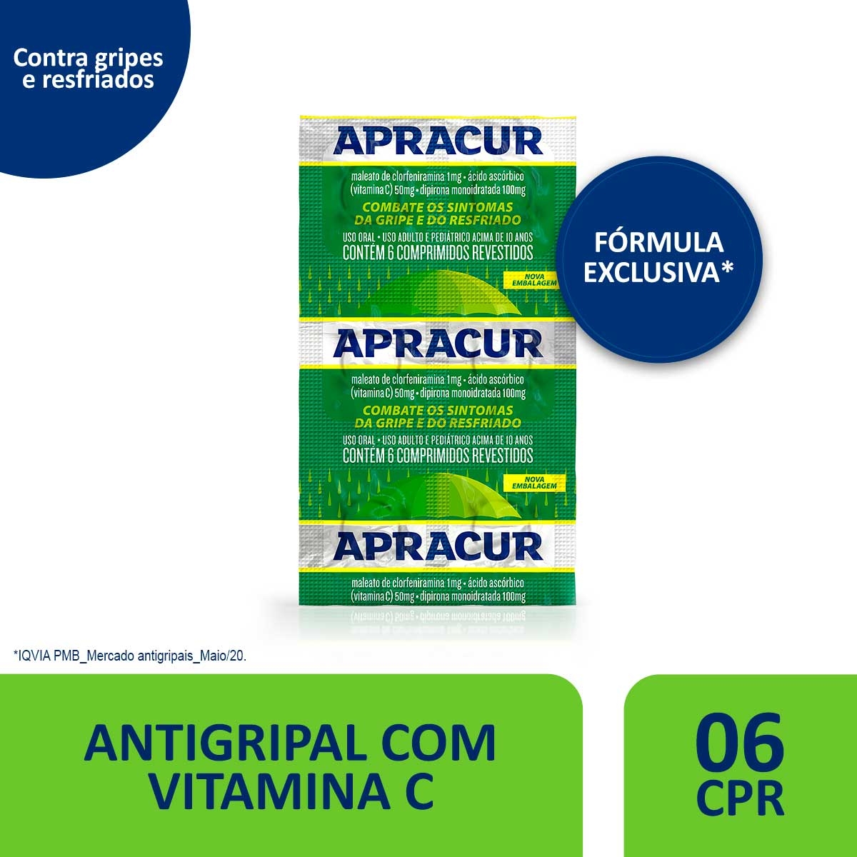 Apracur Maleato de Clorfeniramina 1mg + Ácido Ascórbico 50mg + Dipirona Monoidratada 100mg 6 comprimidos