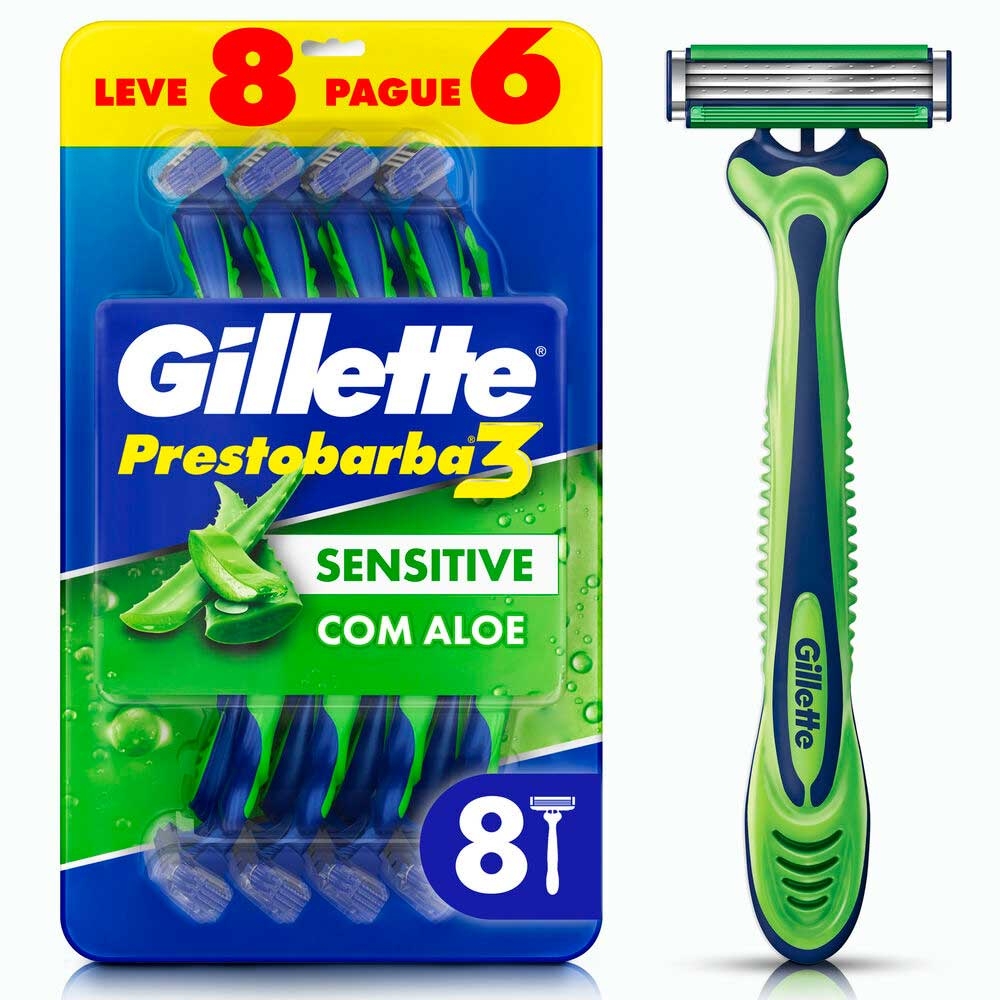 Aparelho de Barbear Gillette Prestobarba 3 Sensitive Aloe Vera 8 unidades Menor preço em Aparelho de Barbear Gillette Prestobarba 3 Sensitive Aloe Vera 8 unidades