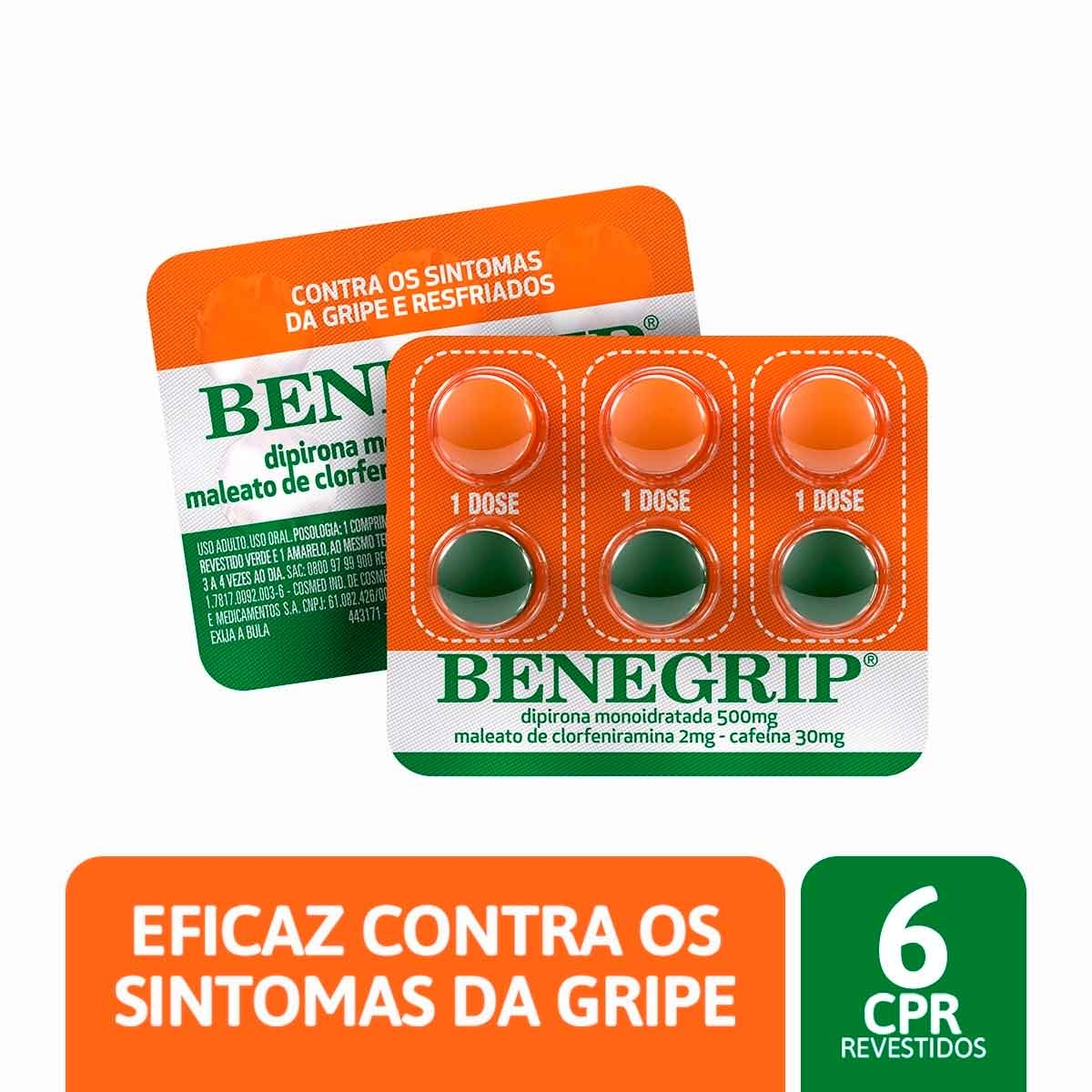 Benegrip Dipirona Monoidratada 500mg + Maleato de Clorfeniramina 2mg + Cafeína 30mg 6 comprimidos