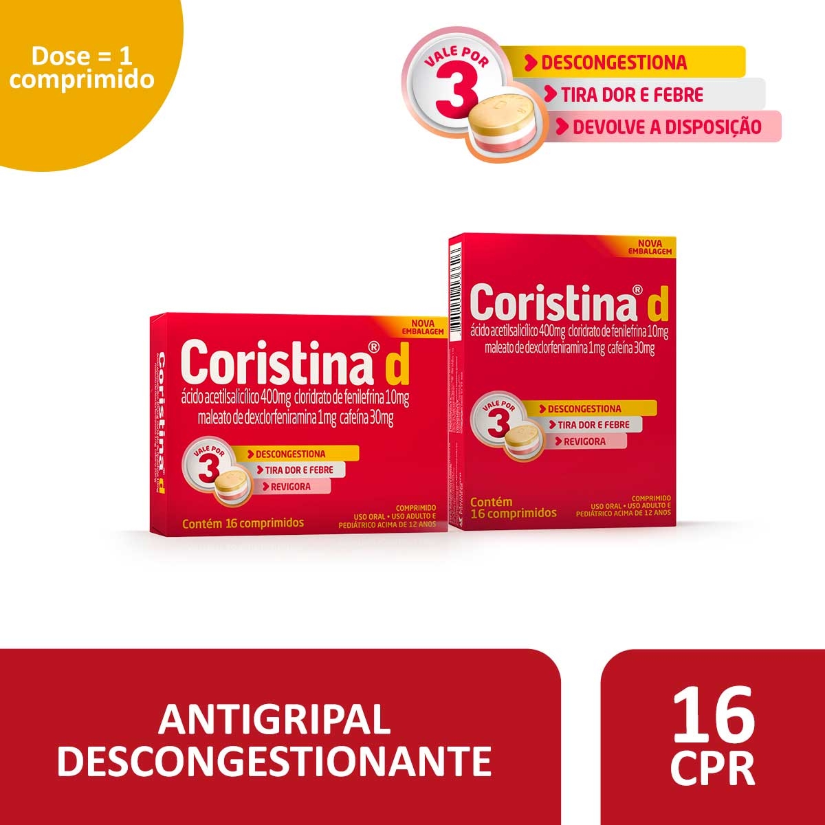 Coristina D Ácido Acetilsalicílico 400mg + Maleato de Dexclorfeniramina 1mg + Cloridrato de Fenilefrina 10mg + Cafeína 30mg 16 comprimidos