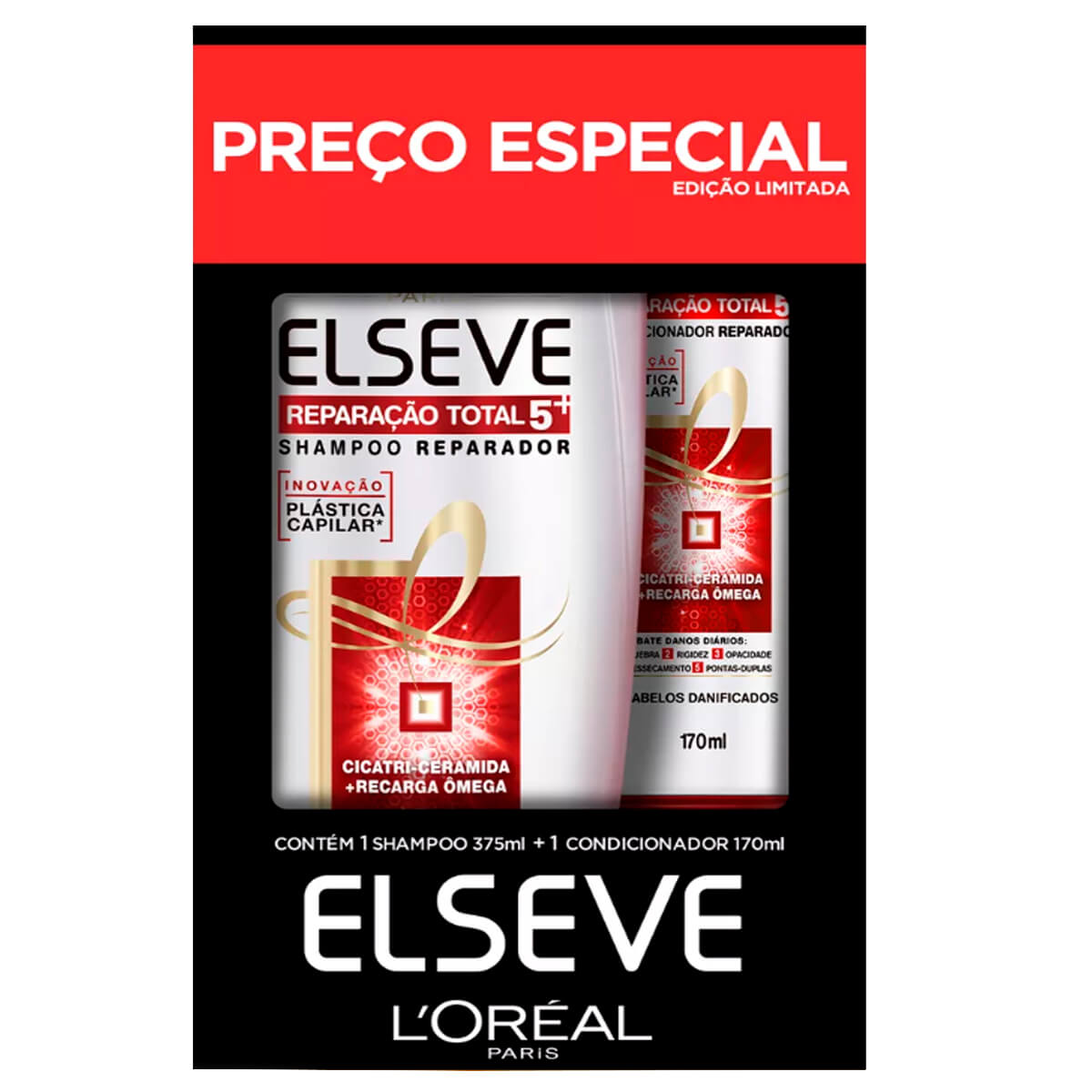 Kit Elseve Reparação Total 5 Shampoo com 375ml + Condicionador com 170ml Menor preço em Kit Elseve Reparação Total 5 Shampoo com 375ml + Condicionador com 170ml