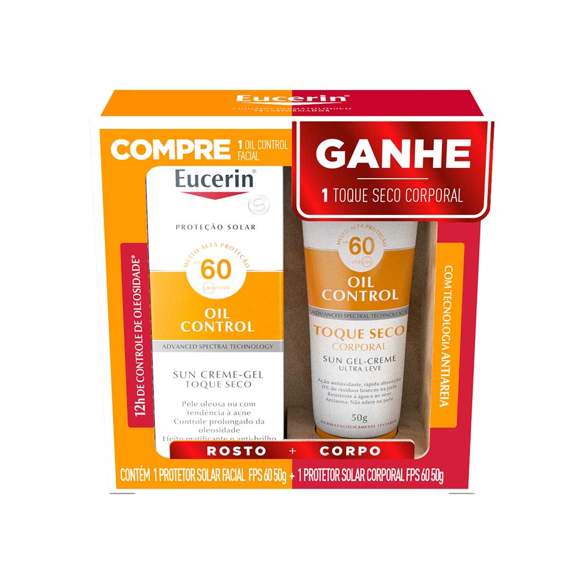 Kit Protetor Solar Eucerin Oil Control FPS 60 - 52g + Eucerin Toque Seco Corporal FPS 60 - 50g Menor preço em Kit Protetor Solar Eucerin Oil Control FPS 60 - 52g + Eucerin Toque Seco Corporal FPS 60 - 50g