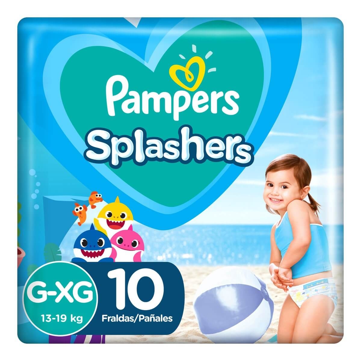 Fralda Pampers Praia e Piscina Splashers Baby Shark G/XG - 10 Unidades