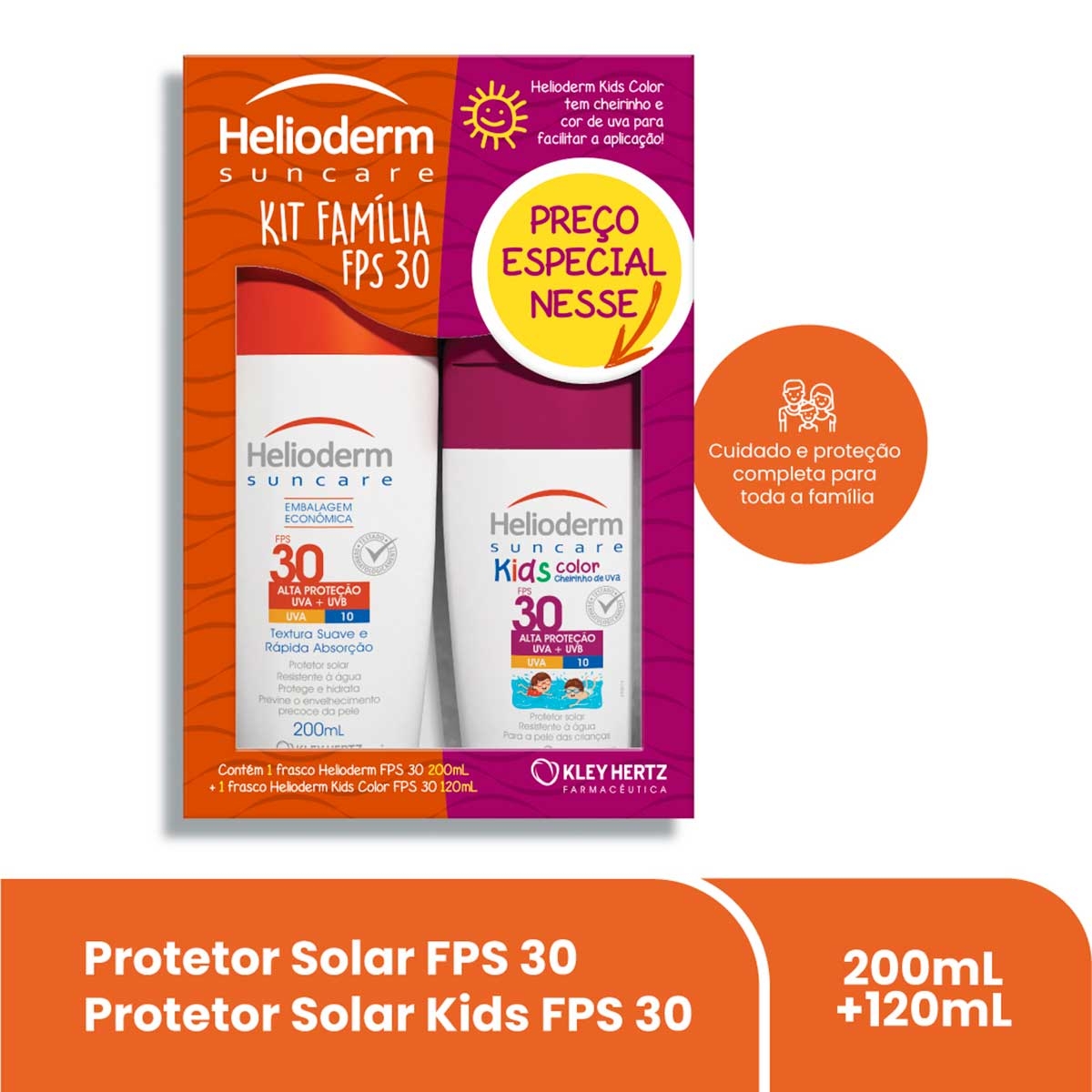 Kit Família Protetor Solar Corporal Helioderm Suncare FPS 30 com 200g + Helioderm Suncare Kids Color FPS 30 com 120g