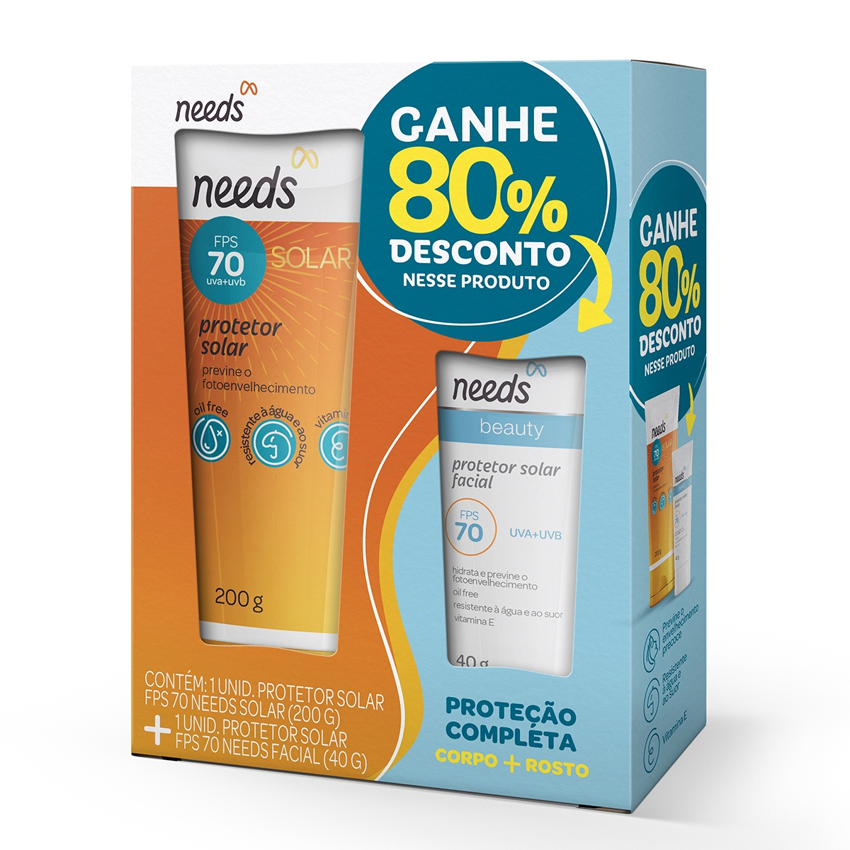 Kit Protetor Solar Needs Solar FPS70 - 200g + Facial FPS 70 - 40g