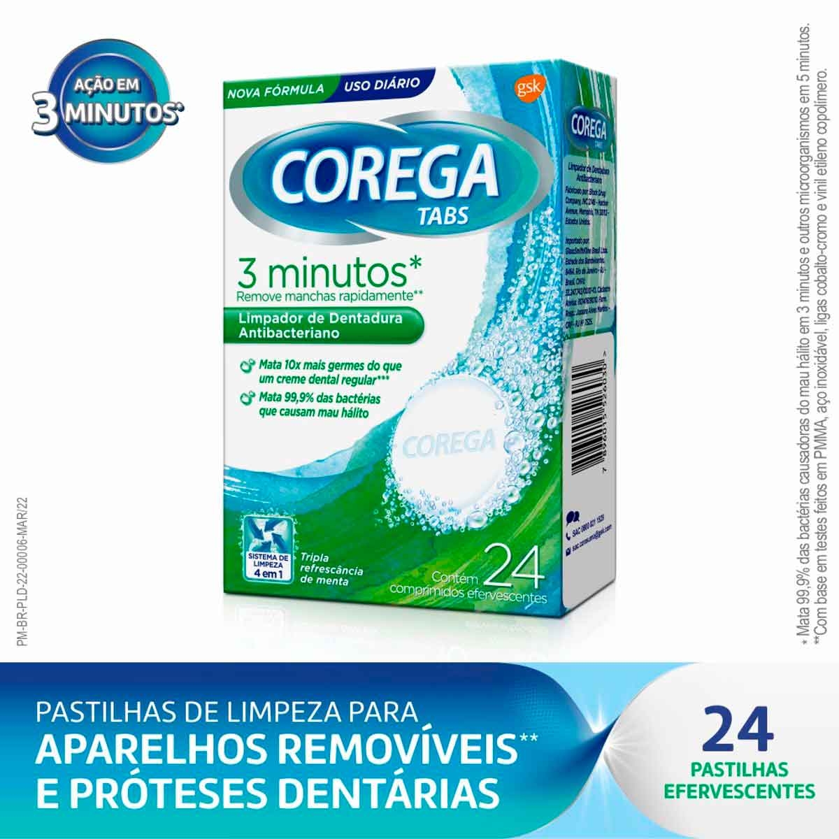 Limpador de Dentadura Corega Tabs Antibacteriano com 24 comprimidos efervescentes Menor preço em Limpador de Dentadura Corega Tabs Antibacteriano com 24 comprimidos efervescentes