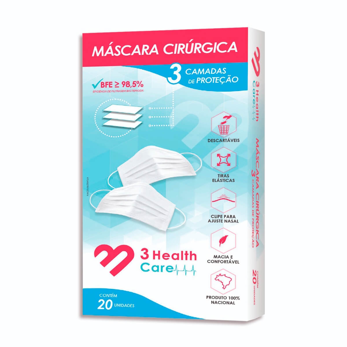Máscara Cirúrgica Descartável Camada Tripla 3 Health Care com 20 unidades Menor preço em Máscara Cirúrgica Descartável Camada Tripla 3 Health Care com 20 unidades