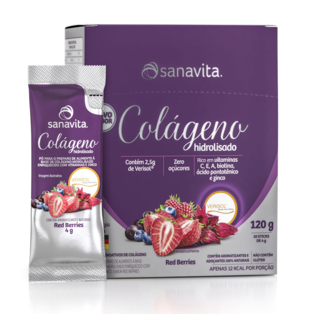 Colágeno Hidrolisado Verisol Red Berries Sanavita - 30 Sticks Menor preço em Colágeno Hidrolisado Verisol Red Berries Sanavita - 30 Sticks