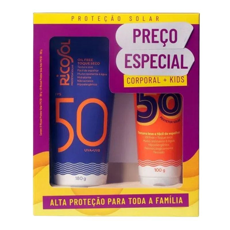 KIT PROTETOR SOLAR RICOSOL CORPORAL FPS 50 180G + KIDS FPS 50 100G Menor preço em KIT PROTETOR SOLAR RICOSOL CORPORAL FPS 50 180G + KIDS FPS 50 100G