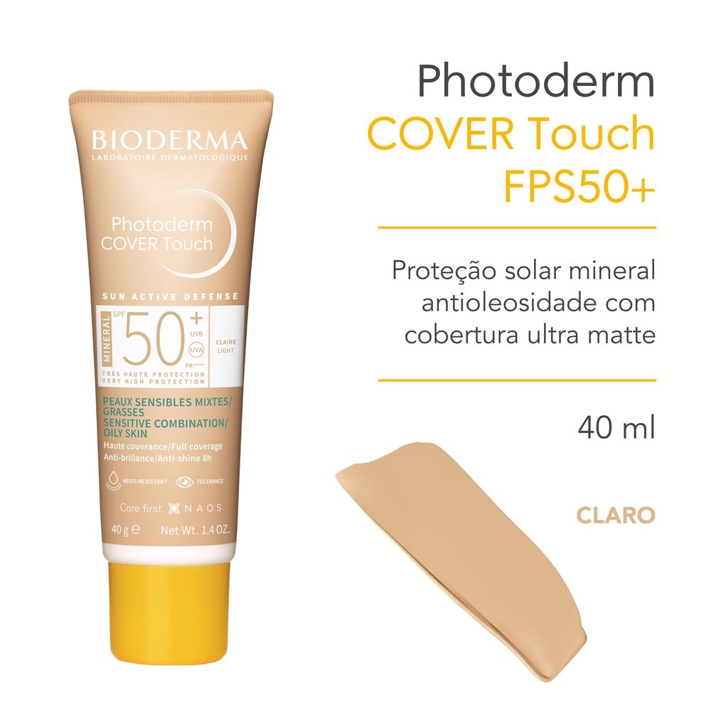 Protetor Solar Facial Bioderma Photoderm Cover Touch Pele Oleosa Cor Clara FPS50 com 40g
