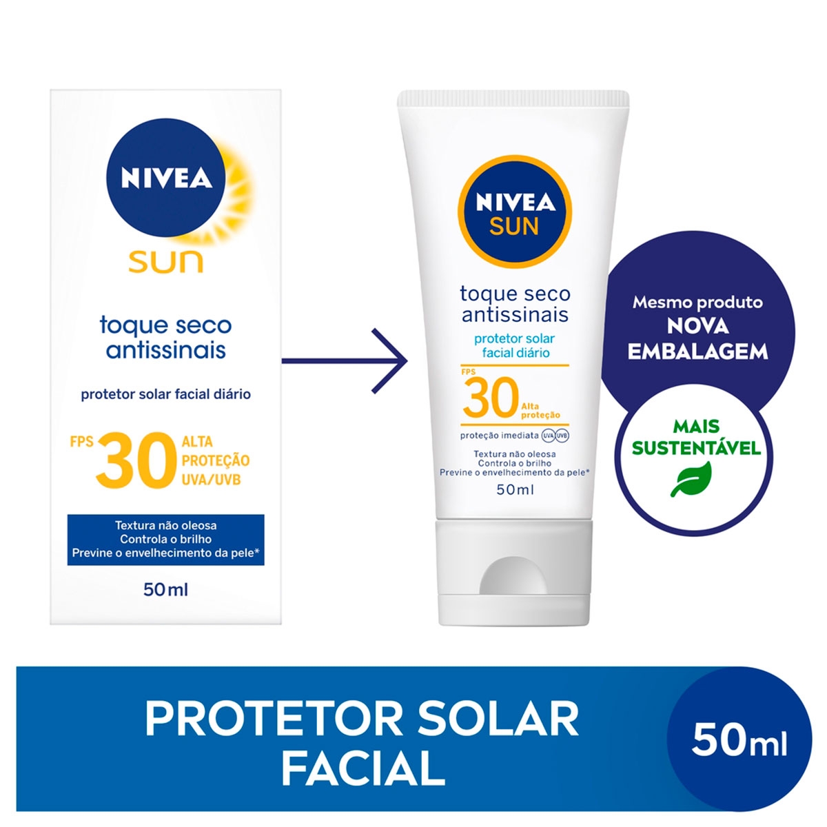 Protetor Solar Facial Nivea Sun Toque Seco Antissinais FPS 30 com 50ml Menor preço em Protetor Solar Facial Nivea Sun Toque Seco Antissinais FPS 30 com 50ml