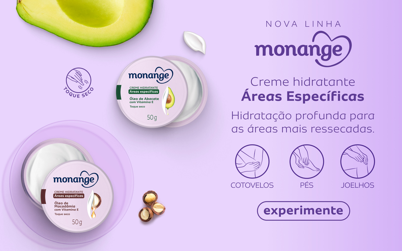 Banner de divulgação da linha de hidratante corporal Monange Áreas Específicas mostrando o recipiente dos dois produtos em um fundo roxo.