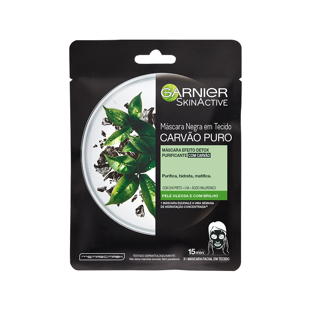 MÁSCARA NEGRA FACIAL EM TECIDO GARNIER CARVÃO PURO EFEITO DETOX